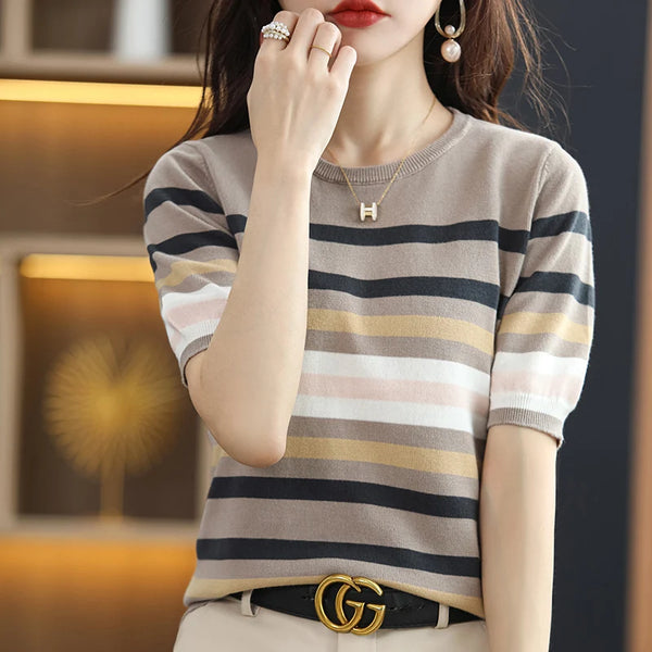 Summer Short Sleeve Women's O Neck Slim Cotton Striped Pullover Knit Sweater Top
