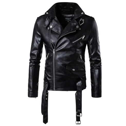 Men's Slim Fit Motorcycle Bomber Leather Jacket with Turn Down Collar and Zipper Pockets for Autumn and Winter Styling