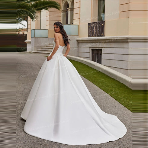 Simple Satin Wedding Dresses A Line Sexy Strapless Gowns