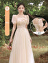 Bridesmaid Dress With Square Neck And Bow Ankle Length Organza With Floral Appliques Bridal Gown Style