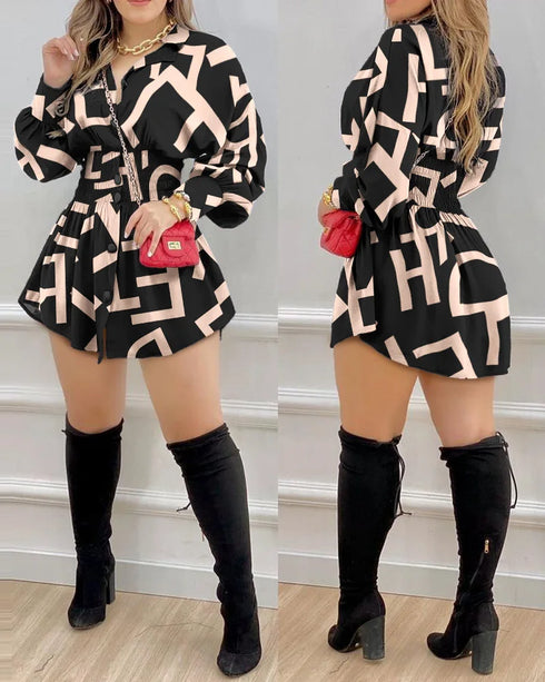 Fashion Women Casual Shirred Lantern Sleeve Buttoned Shirt Dress