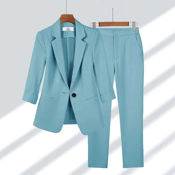 Elegant Women's Casual Blazers Jacket and Slim Fit Pants Two Piece Suit for Professional Summer Wear - Stylish Korean Inspired Outfit Set