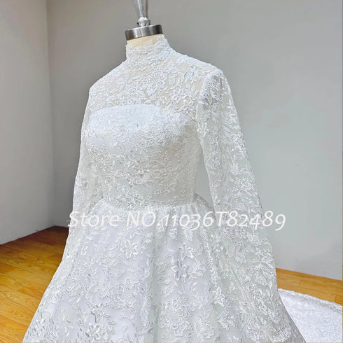 Hire Lnyer High Neck Zipper Back Lace Ball Gown Wedding Dresses