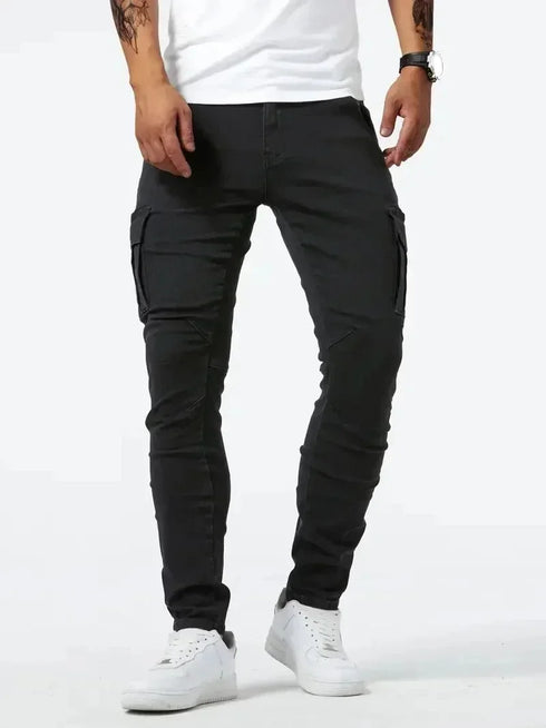Elastic Denim Cargo Jeans For Men Slim Fit With Pockets Daily Wear