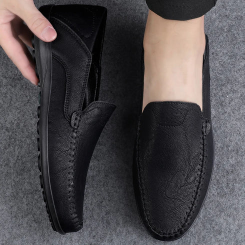 Luxury Genuine Leather Men's Casual Slip-On Loafers, Italian Moccasins, Breathable and Comfortable Boat Shoes in Plus Sizes 46 and 47