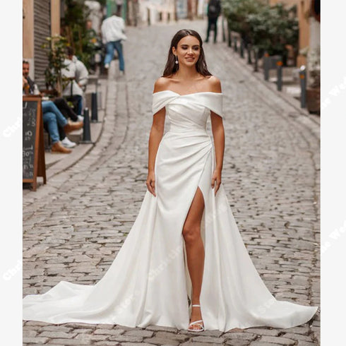 Off The Shoulder Women Wedding Dresses Elegant Satin Mermaid Gowns