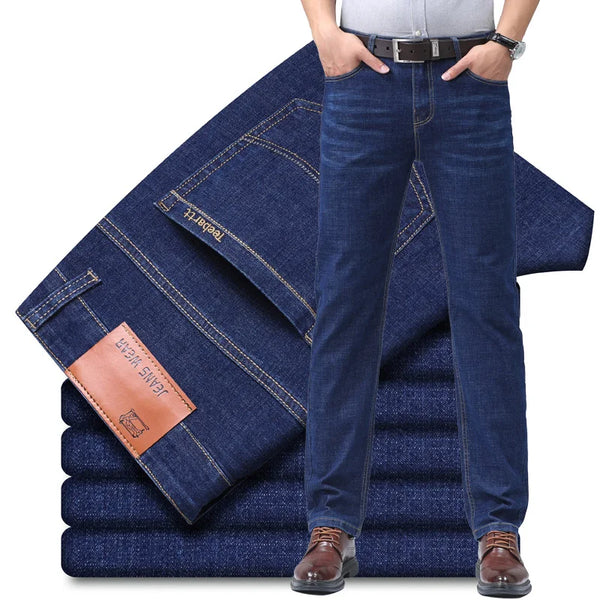 Fashion Classic Style Embroidery Straight Jeans Men Slim Fit Denim Trousers