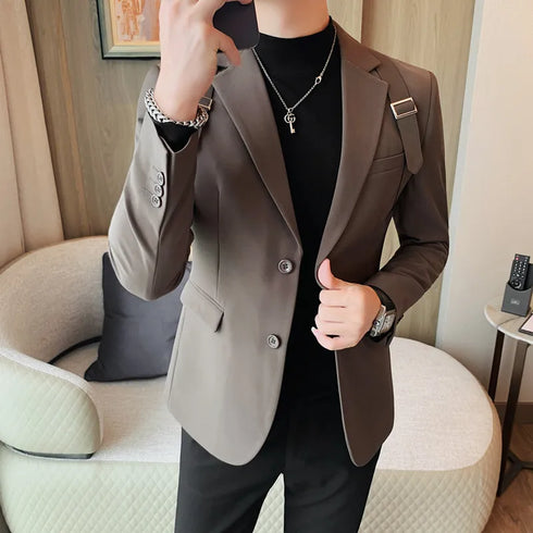 Men's Slim Fit Casual Business Blazer with Strap Decoration for Autumn Winter Fashion