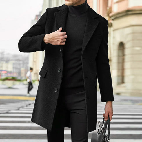 Trendy British Style Men's Long Sleeve Woolen Coat for Casual Autumn and Winter Wear