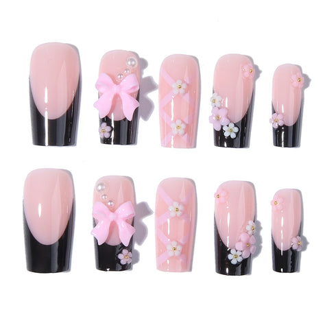 24pcs Reusable Press-On Nails with 3D Bow and Flower Design, Y2K Style Pink Square False Nails for Women and Girls - Short and Medium Length Options
