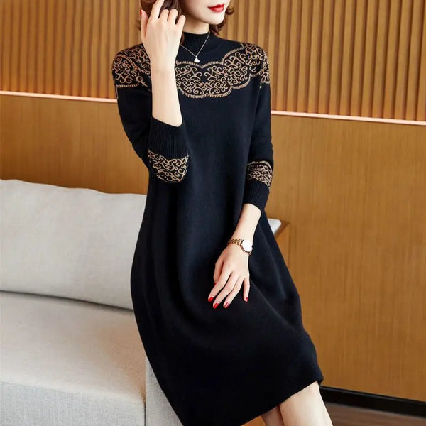 Commute Vintage Printed Knitted Midi Dress Female Clothing Casual Autumn Winter Style