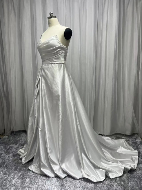 Customized Plus Size A Line Satin Strapless Wedding Dress Gowns