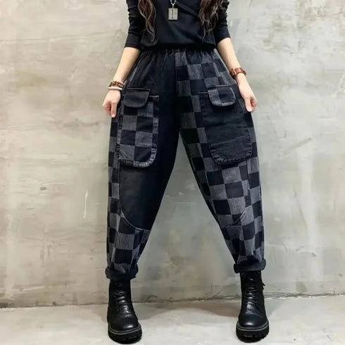 Harem Style Printed Jeans For Women Elastic Waist Denim Pants Casual Loose Relaxed Fit