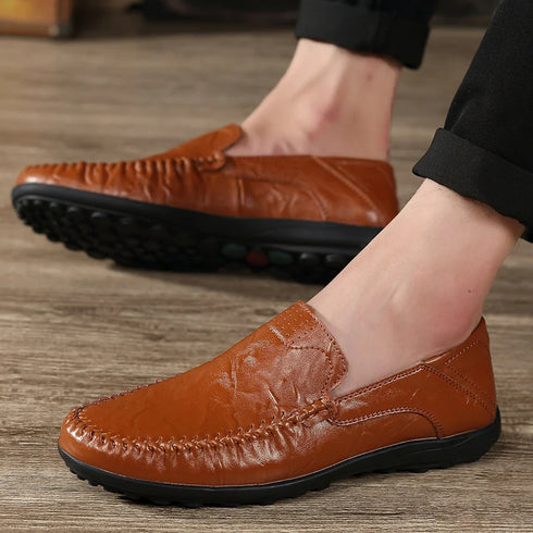 Luxury Genuine Leather Men's Casual Slip-On Loafers, Italian Moccasins, Breathable and Comfortable Boat Shoes in Plus Sizes 46 and 47
