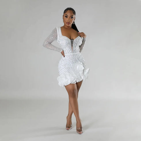 Long Sleeve V Neck Transparent Club Dress with Diamonds