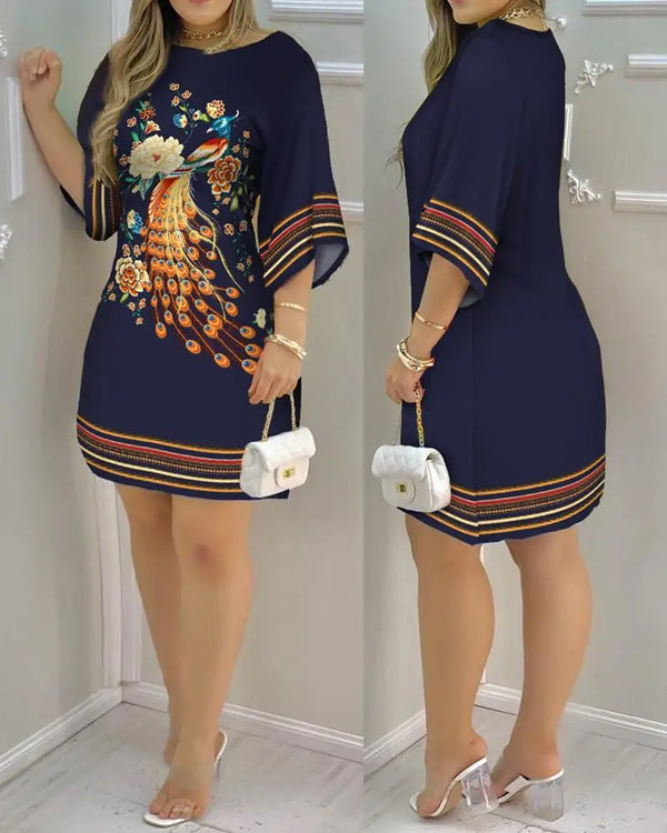 Women's Dresses Peacock Print Casual Round Neck Mini Dress