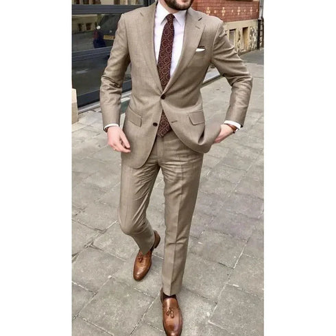 Slim Khaki Men Suits Two Piece Summer Fashion Notch Lapel Chic Business Casual Wedding Set