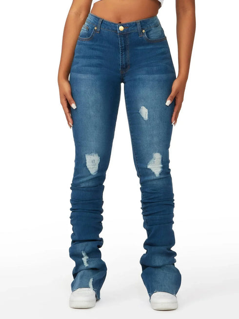 Washed Denim Straight Pants Women Ankle Length Jean Ripped Distressed Casual Skinny Vintage High Waist
