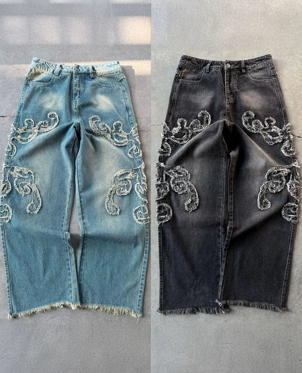 Korean Straight Leg Pants Embroidered Print Casual Jeans