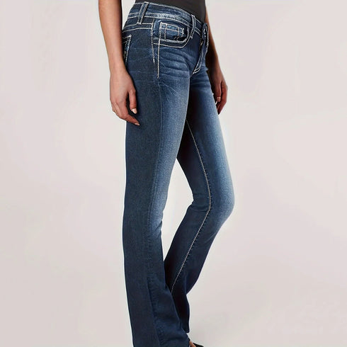 Womens Jeans Mid Waisted Straight Leg Bootcut Denim Trousers