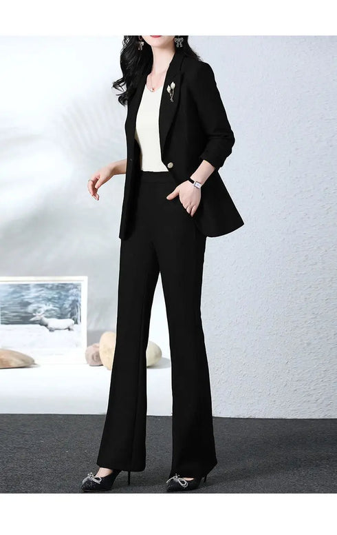 Elegant Women's Blazer Coat and Trousers Suit Set - Stylish Casual Outfit for Office and Autumn Wear with Flare Pants and Slim Fit Design