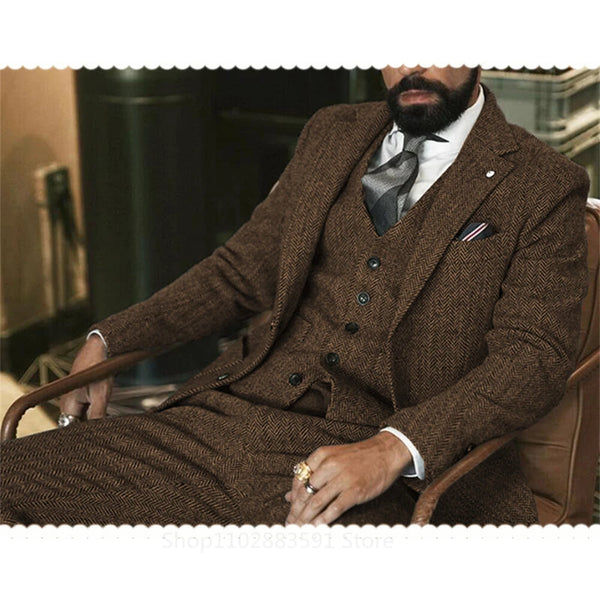 Elegant Casual 3-Piece Men's Suit Set in Herringbone Wool Tweed for All Seasons
