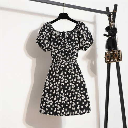 Floral Chiffon Mini Dress for Women with Puff Sleeves and Shirring Details