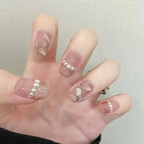 24Pcs Long Acrylic Ballet Fake Nails with Rhinestone Chain Design - Full Cover Press-On Nail Tips for Stylish Nail Art Enthusiasts