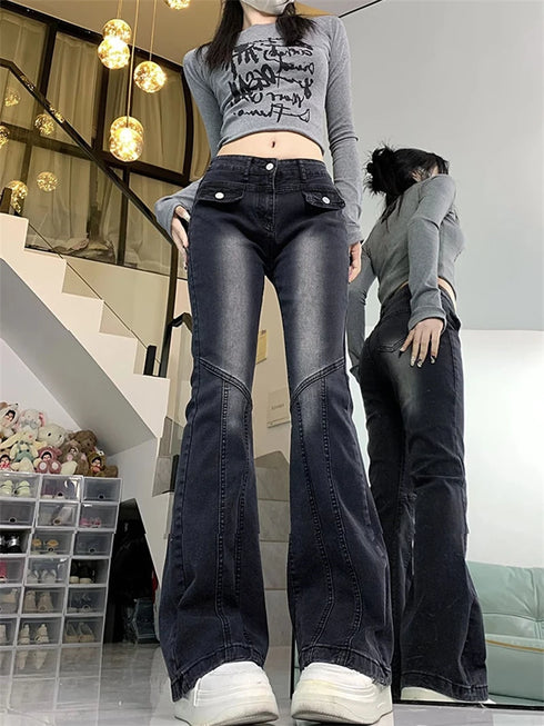 Casual Flare Jeans for Women - Embrace 90s Gyaru Fashion with Slim Fit Low Waist Bell Bottoms, Perfect for Fall Outfits and Black Jeans Outfit Inspo