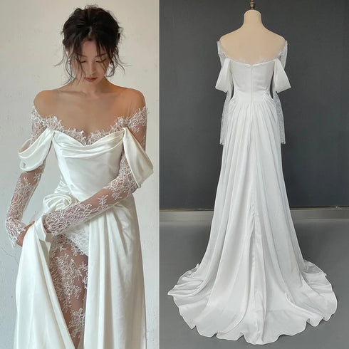 Customized Illusion Tulle Off Shoulder Lace Wedding Gowns A Line Long Sleeves Ruched Satin Bridal Dress