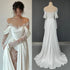 Customized Illusion Tulle Off Shoulder Lace Wedding Gowns A Line Long Sleeves Ruched Satin Bridal Dress
