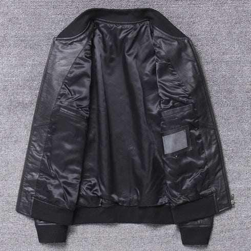 Stylish Casual Men's Bomber Jacket in Genuine Cowhide Leather - Perfect Spring and Autumn Outerwear with Full Sleeves and Zipper Closure