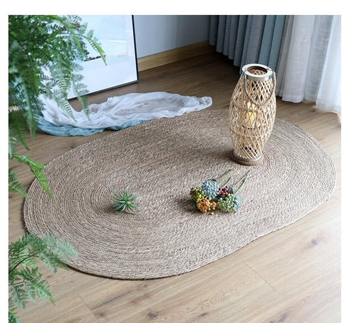 Woven Rattan Round Carpet Natural Straw Rug for Living Room Bedroom Floor Mat