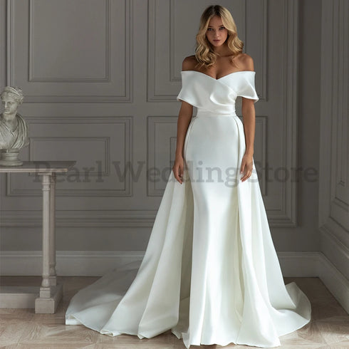 White Detachable Trailing Wedding Dress Mermaid Off the Shoulder Gowns