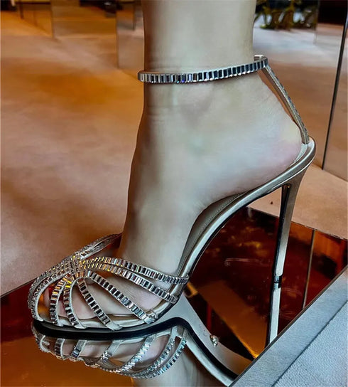 Glamorous Crystal-Embellished Gladiator Sandals with Ankle Strap and Stiletto Heels for Elegant Summer Styling