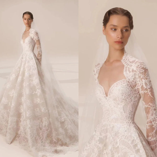 Backless Lace Wedding Dress A-Line Long Sleeve With Ruched Train Custom Made Bridal Gown