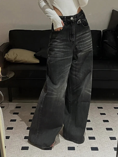 Baggy Wide Leg Jeans for Women - Vintage High Street Korean Fashion Inspired Oversized Denim Trousers for Fall Outfits and Hip Hop Style