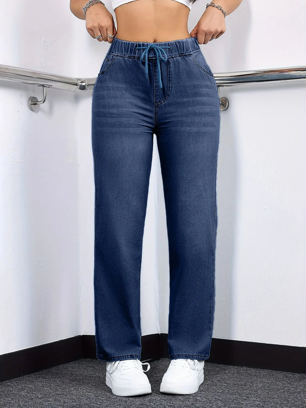 Distressed Straight Jeans For Women With Elastic Waist And Lace Up Detail Denim Trousers