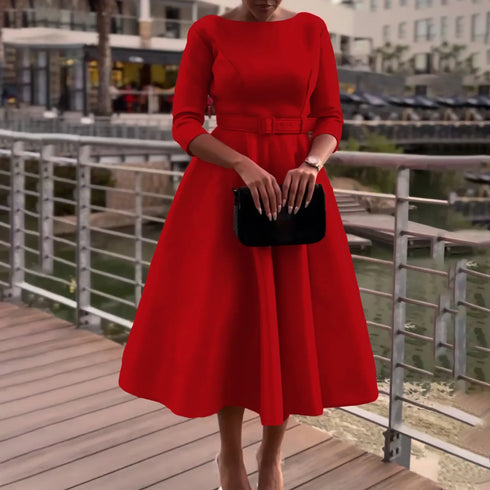 Elegant Women Party Dresses A Line with Waist Belt for Classy Office and Wedding Guests
