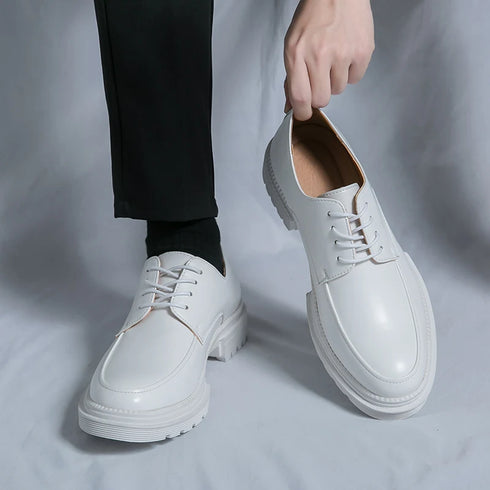 Luxury White Leather Oxford Shoes for Men - Stylish Formal Business Wedding Dress Footwear with Thick Bottom Casual Moccasins