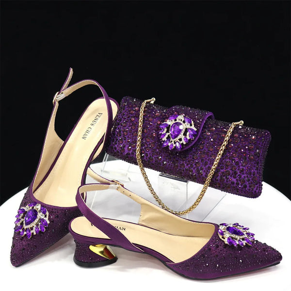 Elegant Open Toe Pumps and Diamond-Decorated Bag Set for Women's Wedding Parties