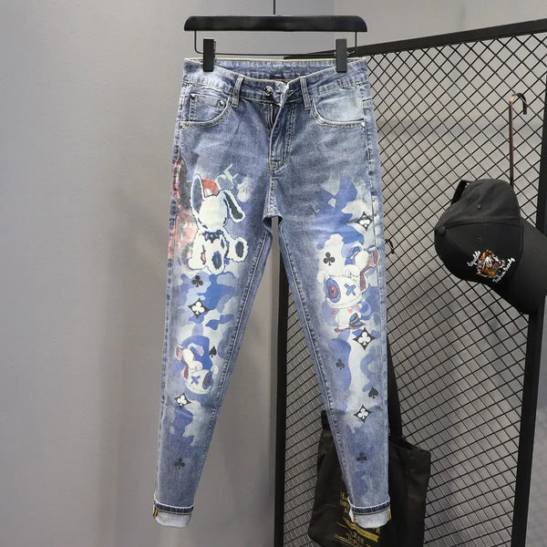 Harajuku Hip-hop Style Korean Luxury Jeans for Men with Bear Print Design