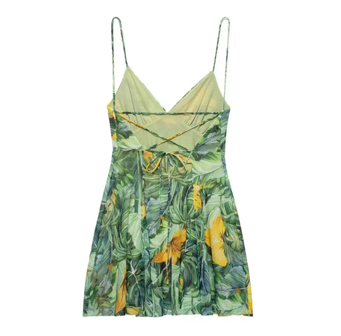 TRAF Women's Vacation Style Printed Silk Mesh V Neck Halter Mini Dress
