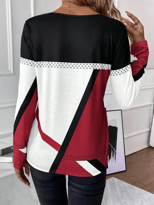 Casual Women's Geometric Print Long Sleeve T-Shirt Loose Fit O-Neck Tee
