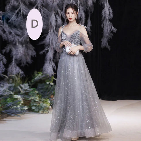 Off Shoulder Lace Illusion A Line Dress Floor Length Glitter Tulle Bow Bridesmaid Dress