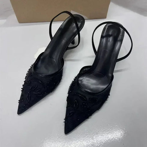 Sexy Mesh Pointed Stiletto Mules Women Heels Elegant