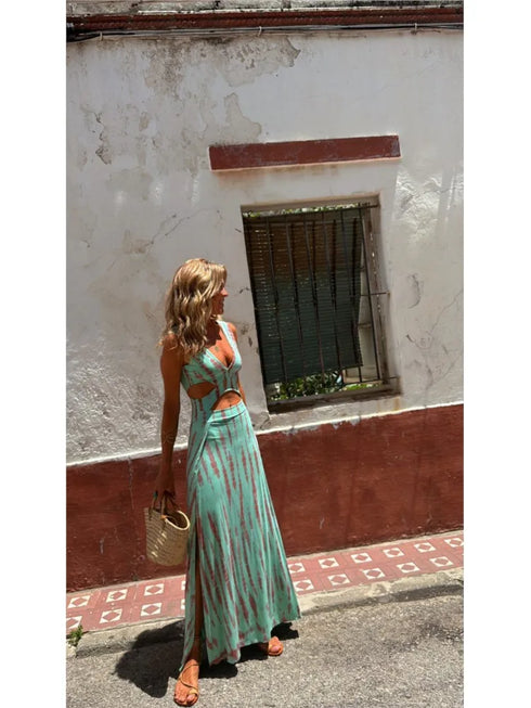 Fashion Print Slim Sleeveless Long Dress for Women with Sexy V Neck Hollow Out Backless Design and Side Slit