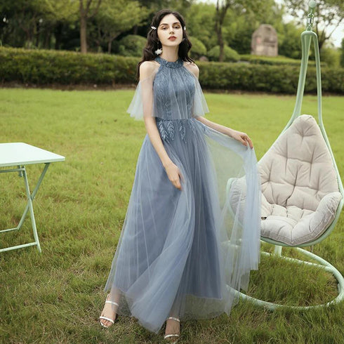 Elegant Off Shoulder Tulle A Line Dress Bridesmaid Dress With Appliques Lace Up Bridal Gown