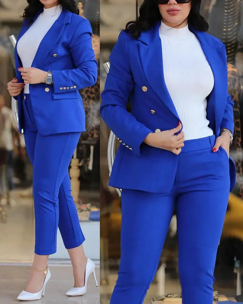 Chic Women's Long Sleeve Suit with Slim-Fit Wrap Buttock Pencil Pants – Elegant 2 Piece Office Ensemble for Autumn and Winter Fashion
