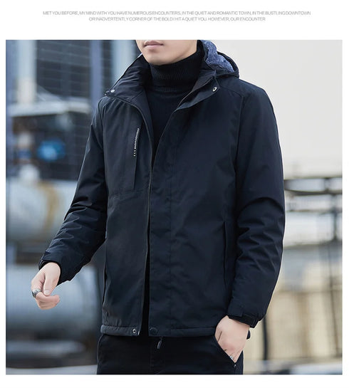 Plush Waterproof Autumn Winter Jacket for Men - Casual Windproof Coat with Detachable Hood and Rib Sleeves, Perfect for Daily Wear and Spring Cotton Comfort